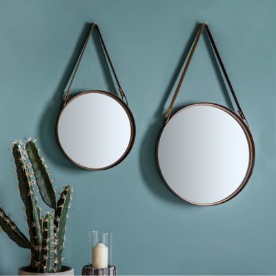 Gương tròn treo tường dây da