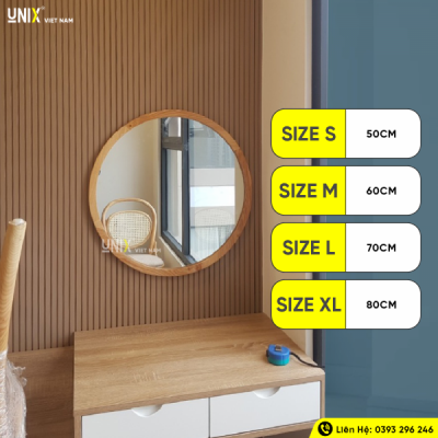 Gương tròn khung gỗ dành cho phòng tắm với 3 kích thước phù hợp với mọi không gian