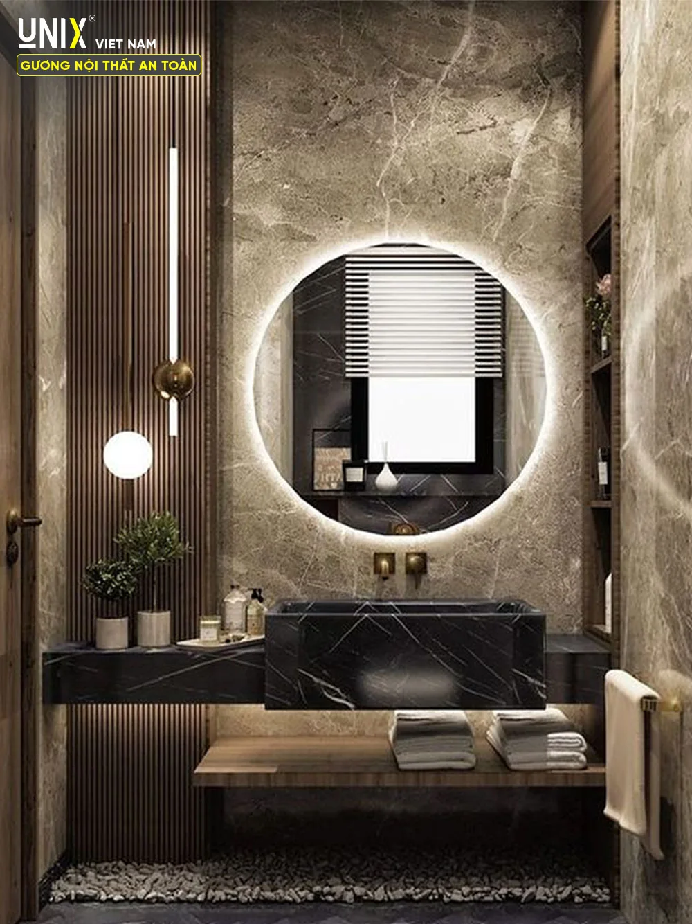 Gương tròn LED lắp phía trên lavabo đơn