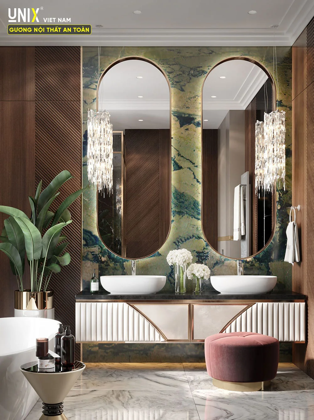 Hai gương oval đặt theo tâm hai lavabo